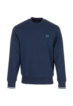 Marineblaue Sweatshirt mit Rundhalsausschnitt, gerippten Bündchen und Saum, kleinem hellblauem Lorbeerlogo auf der linken Brust und gestreiften Details an den Ärmelbündchen.