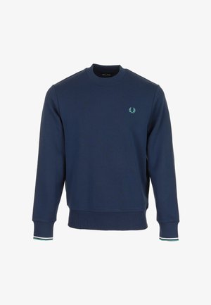 Marineblaue Sweatshirt mit Rundhalsausschnitt, gerippten Bündchen und Saum, kleinem hellblauem Lorbeerlogo auf der linken Brust und gestreiften Details an den Ärmelbündchen.