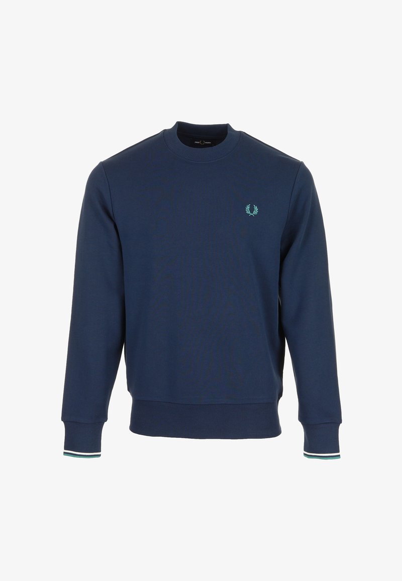 Sweat-shirt bleu marine col rond avec poignets et ourlet côtelés, petit logo laurier bleu clair sur la poitrine gauche, et détail rayé sur les poignets.