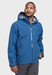 Blaue wasserdichte Jacke mit Kapuze, durchgehendem Reißverschluss und grauem Innenfutter. Verfügt über verstellbare Bündchen und Seitentaschen. Leichtes, sportliches Design.
