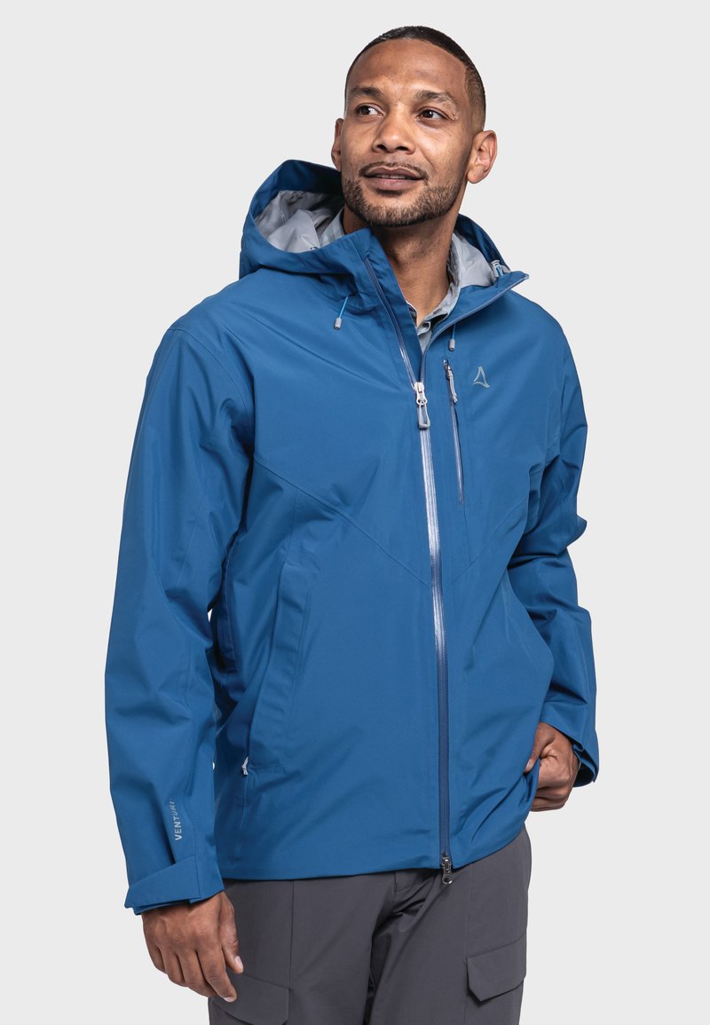 Blaue wasserdichte Jacke mit Kapuze, durchgehendem Reißverschluss und grauem Innenfutter. Verfügt über verstellbare Bündchen und Seitentaschen. Leichtes, sportliches Design.