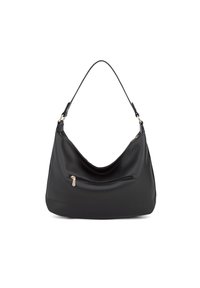 Borsa a spalla in pelle nera con design curvo, superficie testurizzata, dettaglio con zipper dorata sulla parte anteriore e una sola tracolla regolabile.