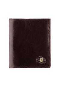 Portafoglio in pelle marrone scuro con una texture liscia, angoli arrotondati e un dettaglio in oro nell'angolo inferiore destro.