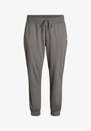 Mørkegrå sweatpants med tilspidset pasform, elastisk taljebånd og snørre, opknyttede ankler og lille hvidt logo på øverste højre lår.