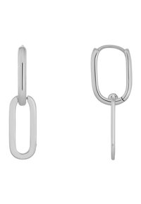 Sølvmetall hoopører med en geometrisk, avlang oval form med en glatt, polert overflate og minimalisk design.