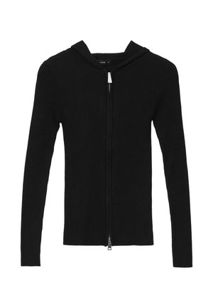 Schwarze gerippte Strickjacke mit Reißverschluss, langen Ärmeln und einer Kapuze. Aus einem strukturierten Stoff gefertigt, bietet sie ein minimalistisches Design.