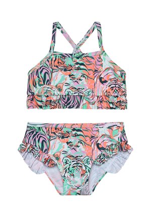 Tweedelig bikini set met een levendig, meerkleurig tijgerprint ontwerp. Het topje heeft een gerufflede zoom en gekruiste bandjes, terwijl het broekje geruffles heeft.