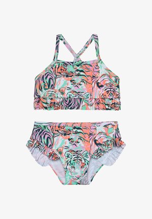 Ensemble bikini deux pièces avec un motif tigre multicolore et éclatant. Le haut présente un ourlet à volants et des bretelles croisées, tandis que le bas est orné de volants.