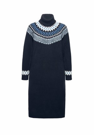 Vestido de punto en azul marino con un cuello alto. Presenta un patrón geométrico en blanco y azul alrededor del escote y los puños. Mangas largas, corte recto.