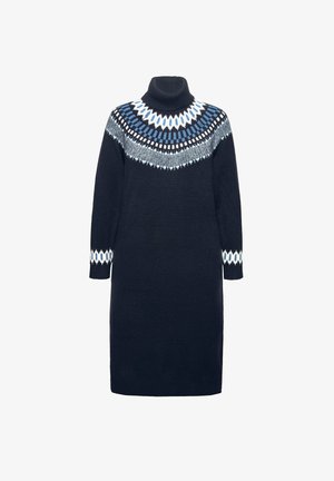 Robe en tricot bleu marine avec un col montant. Présente un motif géométrique en blanc et bleu autour de l'encolure et des poignets. Manches longues, coupe droite.
