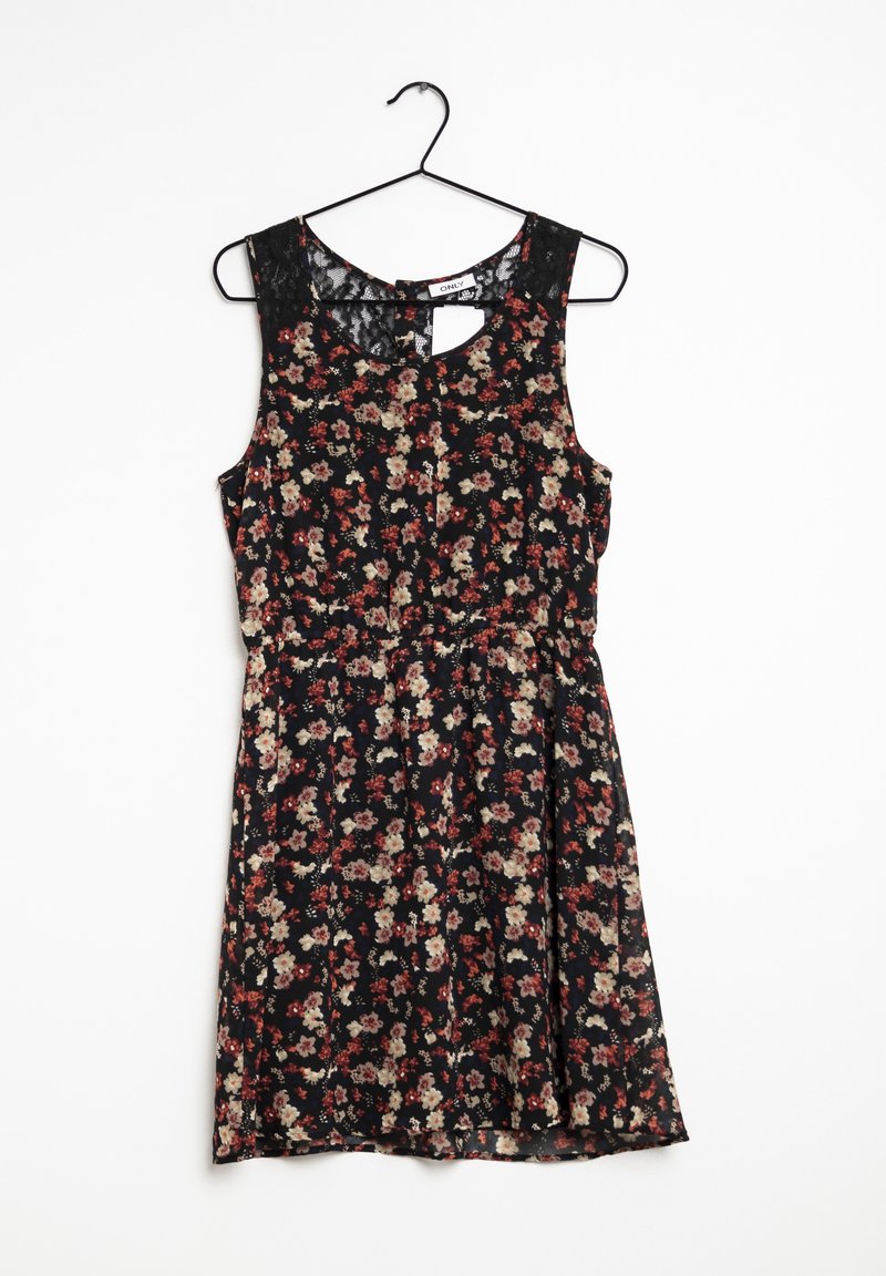Robe noire à motif floral, sans manches, avec un col rond, une découpe en forme de goutte d'eau, une taille cintrée et une jupe évasée.