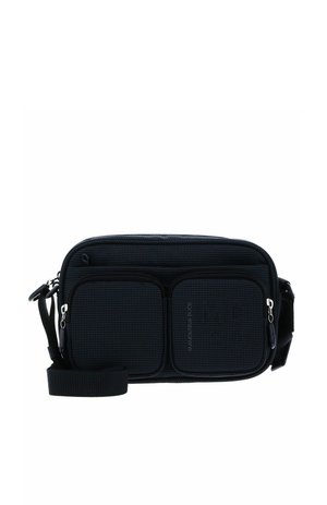 Small black textured crossbody bag with two front zippered pockets and an adjustable strap.