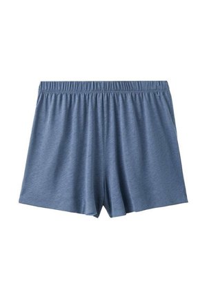 Shorts blu larghi con vita elastica, realizzati in tessuto morbido e leggero, esposti su uno sfondo bianco.
