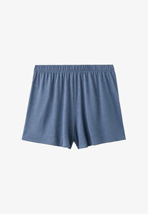 Shorts blu larghi con vita elastica, realizzati in tessuto morbido e leggero, esposti su uno sfondo bianco.