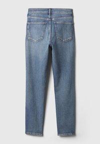 Šviesiai mėlyni džinsai iš džinso audinio, tiesaus kirpimo, su penkių kišenių dizainu ir kontrastingomis siūlėmis. Turi vidutinio aukščio juosmens juostą ir tvarkingą apačią.