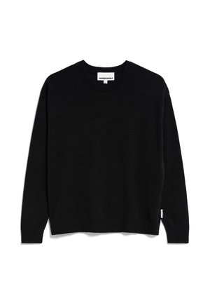 Zwarte crewneck trui gemaakt van gebreide stof. Lange mouwen, geribbelde boorden en zoom, met een klein merkje aan de zijkant.