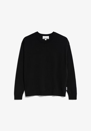 Schwarzer Rundhalsausschnitt-Pullover aus Strickstoff. Lange Ärmel, gerippte Bündchen und Saum, mit einem kleinen Markenetikett an der Seite.