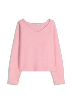 Pulover roz, cu decolteu în V, din material moale. Are mâneci lungi și manșete striate. Design scurt. Fără modele sau alte ornamente.