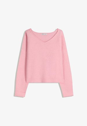 Pulover roz, cu decolteu în V, din material moale. Are mâneci lungi și manșete striate. Design scurt. Fără modele sau alte ornamente.