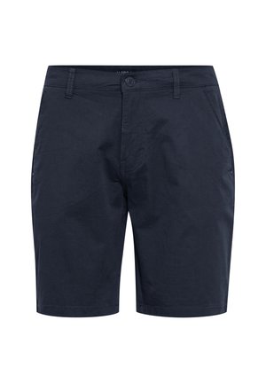 Navyblaue Shorts aus Baumwollmischung, mit flachem Vorderteil, Gürtelschlaufen und Seitentaschen. Sauberes Design mit minimalen Nähten.