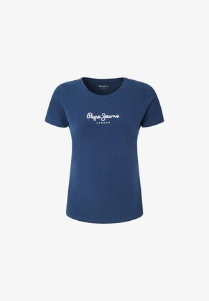 Marineblå kortermet t-skjorte laget av bomull med rund hals og "Pepe Jeans London" logo trykt i hvitt på forsiden.