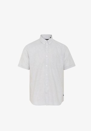 Rövid ujjú, világosszürke vászon ing, mellzsebbe, hegyes gallérral és finom textúrájú szövettel.