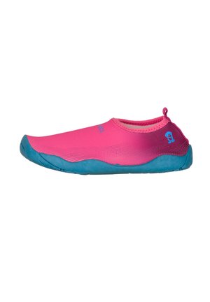 Child's pink water shoe with blue sole and small blue logo on heel, designed for slip-on use and aquatic activities.