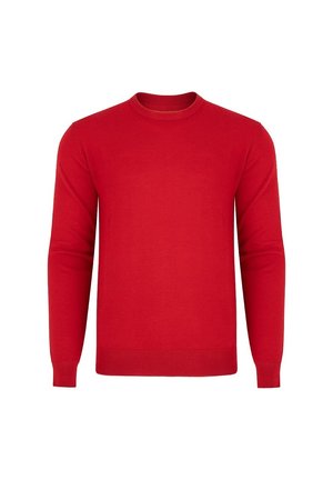 Czerwona dziana sweter, okrągły dekolt, długie rękawy, miękka tekstura, ściągacze i dół swetra prążkowane, jednolity kolor bez wzorów i ozdób.