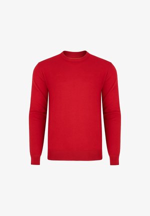 Czerwona dziana sweter, okrągły dekolt, długie rękawy, miękka tekstura, ściągacze i dół swetra prążkowane, jednolity kolor bez wzorów i ozdób.