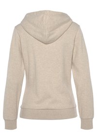 Felpa in cotone beige con una morbida texture, dotata di cappuccio con cordini, maniche lunghe e orlo e polsini a coste.