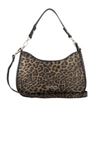 Petit sac à main avec bandoulière amovible, motif léopard et quincaillerie dorée, logo de la marque "remonte" au centre devant.