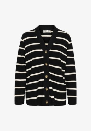 Czarny i biały sweter w paski z głębokim dekoltem w kształcie litery V, z pięcioma dużymi brązowymi guzikami z przodu i prążkowaną fakturą.