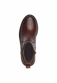 Braune Leder-Stiefelette mit glatter Oberfläche, Reißverschlussdetail an der Seite und einem Ziehband an der Rückseite. Innenfutter aus weichem Material.