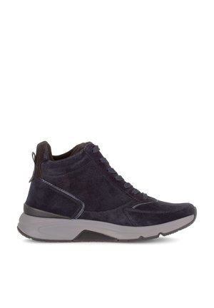 Dark blue suede mid-top sneaker with lace-up front and gray rubber sole for casual wear.