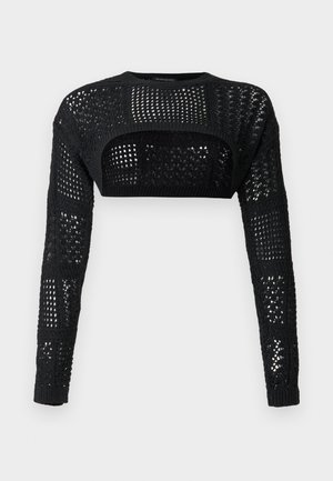 Μαύρο cropped πουλόβερ με μακριά μανίκια, πλεκτό με βελονάκι, με τετράγωνα σχέδια και ανοιχτή υφή.