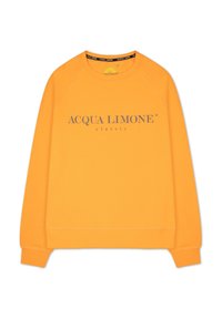 Orange sweatshirt med rund hals och ribbade ärmslut. Har "ACQUA LIMONE" logotyp i grå text över bröstet. Mjuk, texturerad tyg.