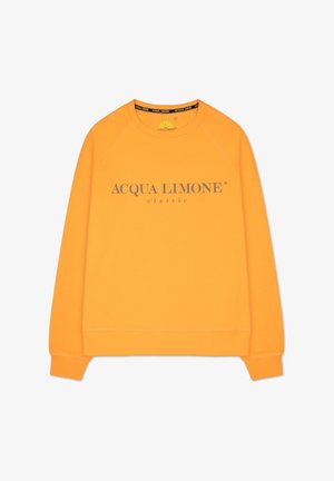 Orange sweatshirt med rund hals och ribbade ärmslut. Har "ACQUA LIMONE" logotyp i grå text över bröstet. Mjuk, texturerad tyg.