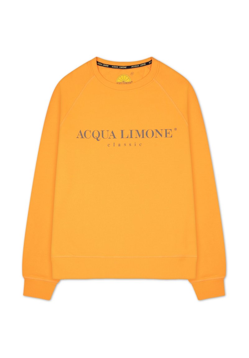 Orange sweatshirt med rund hals och ribbade ärmslut. Har "ACQUA LIMONE" logotyp i grå text över bröstet. Mjuk, texturerad tyg.