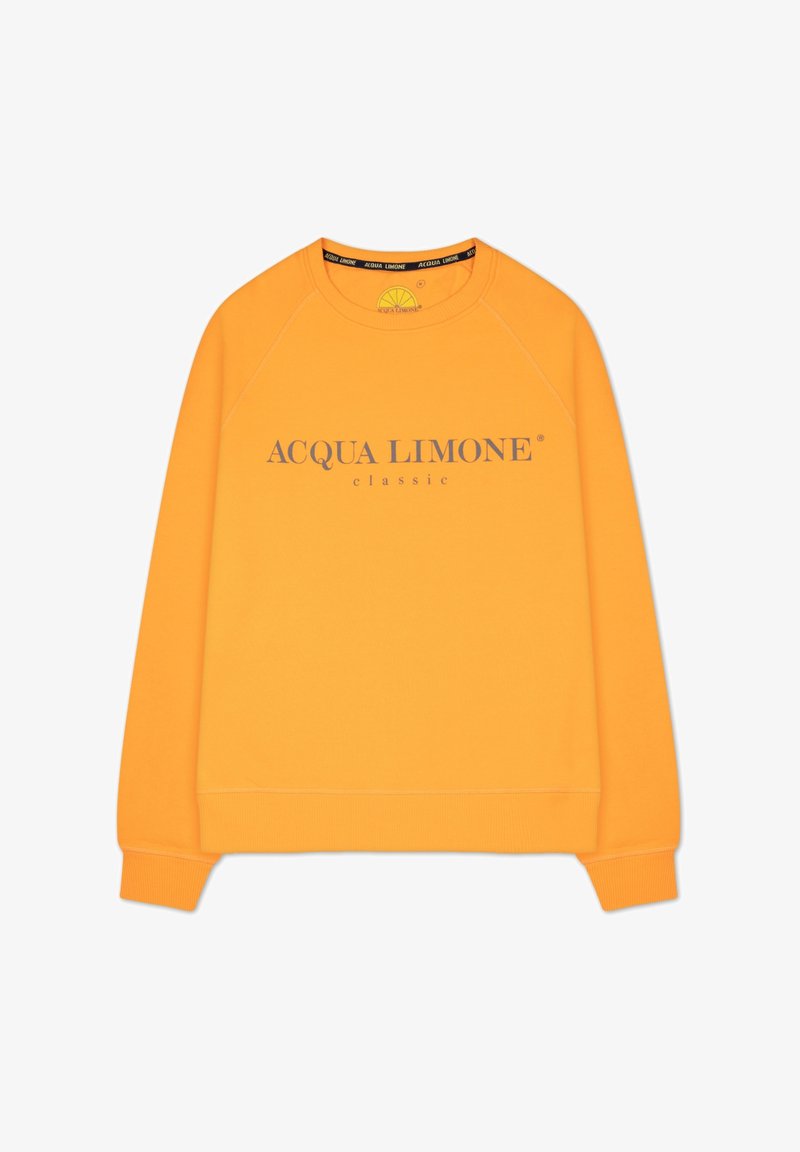 Orange sweatshirt med rund hals och ribbade ärmslut. Har "ACQUA LIMONE" logotyp i grå text över bröstet. Mjuk, texturerad tyg.