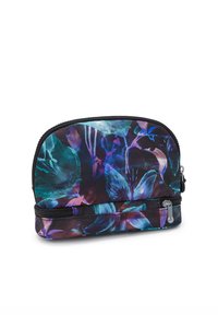 Floral-patterned cosmetic bag in dark tones, featuring a zippered closure and textured fabric. Rounded top and flat base for stability.