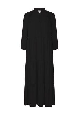 Zwarte jurk met lange mouwen, een hoge kraag en een gelaagd ontwerp. Gemaakt van lichtgewicht stof, met plooien bij de halslijn en een vloeiende vorm.