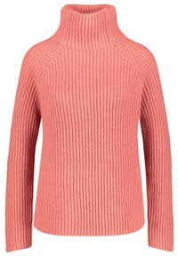 Pull en tricot rose corail à col roulé avec de longues manches et une coupe décontractée, fabriqué dans un tissu épais et confortable.