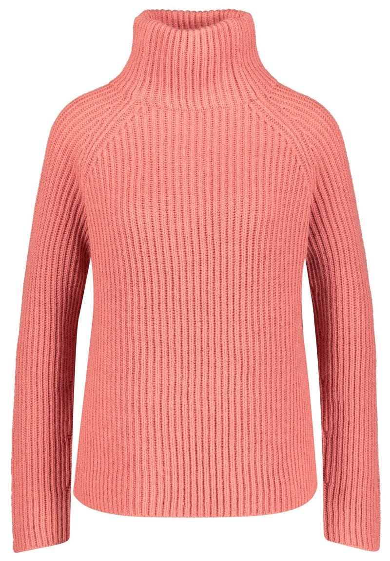 Pull en tricot rose corail à col roulé avec de longues manches et une coupe décontractée, fabriqué dans un tissu épais et confortable.