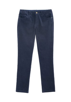Pantaloni in velluto a coste blu navy con vestibilità slim, cinque tasche e chiusura con bottone metallico in vita. Texture morbida e design a gamba dritta.