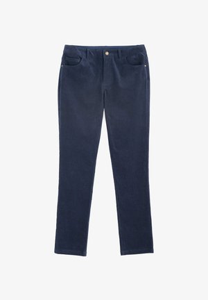 Tamno plave kord tkanine hlače sa uskim fitom, pet džepova i metalnim kopčanjem u struku. Mekana tekstura i ravni kroj nogavica.