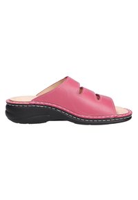 Pink leather slide sandals with a flat black sole, featuring three oval cutouts on the upper, and contrasting white stitching details.
