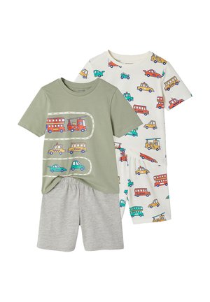 Two sets of children's pajamas with colorful vehicle prints; one set has a green top and gray shorts, the other set is white with matching vehicle-patterned shorts.