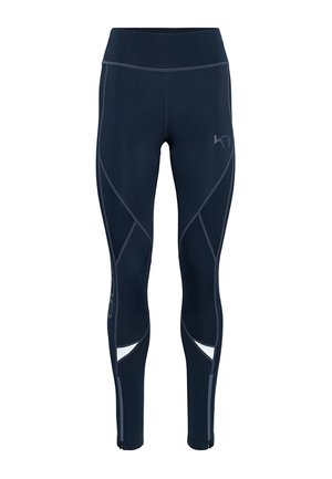 Navyblaue Sportleggings mit hohem Bund, reflektierenden Details in Knöchelnähe und sichtbaren Nahtmustern entlang der Beine.