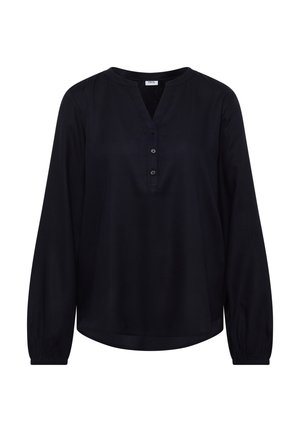 Czarna bluzka z długim rękawem, dekoltem w serek, listwą z trzema guzikami i marszczonymi mankietami. Gładka tkanina o lekko luźnym kroju.