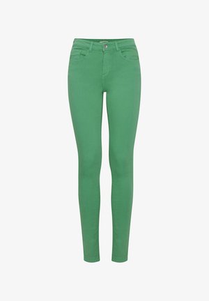 Groene skinny jeans van rekbaar katoen, met een middelhoge taille, vijf zakken en een knoopsluiting aan de voorkant.